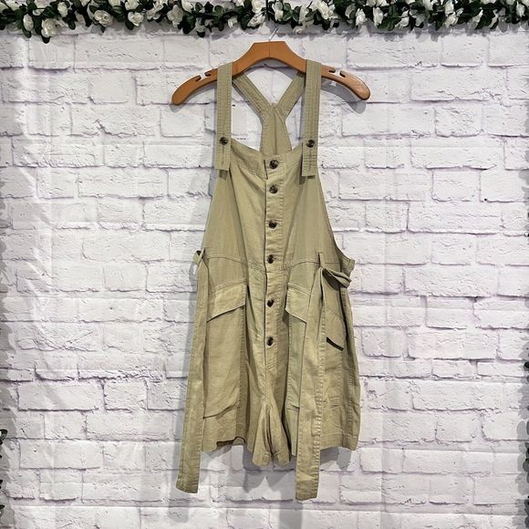 Urban Outfitters Boho Linen Shortall Overalls Quay Olive Green‎ Large NWT - Picture 2 of 12